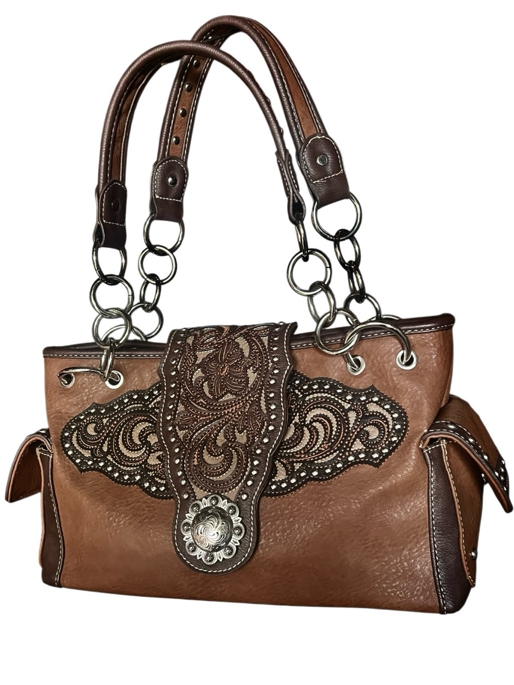 American Bling western style embossed design , end pockets  satchel handbag